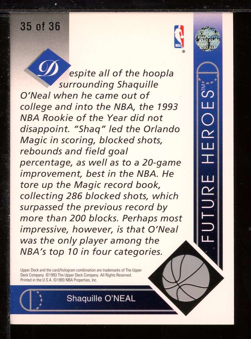 Shaquille O'Neal Card 1993-94 Upper Deck Future Heroes #35 Image 2