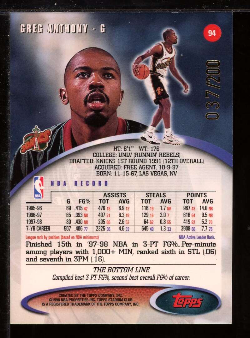 Greg Anthony Card 1998-99 Stadium Club First Day Issue #94 Image 2