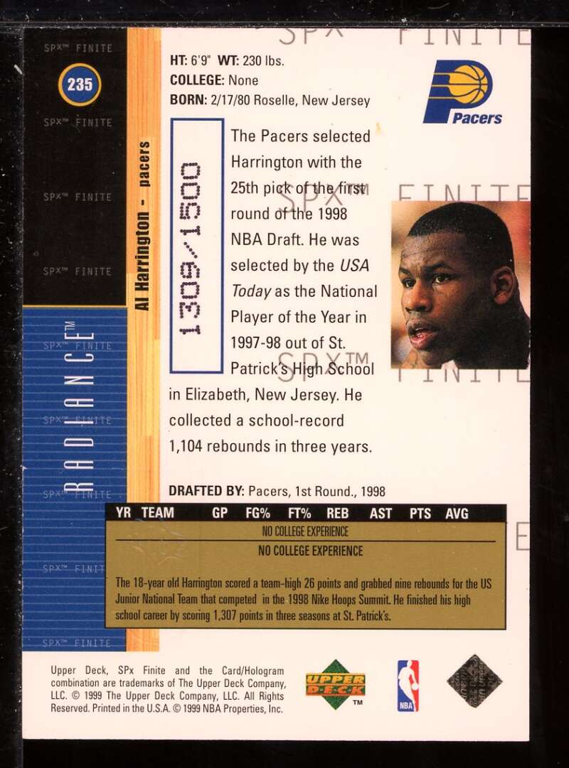 Al Harrington Rookie Card 1998-99 SPx Finite Radiance #235 Image 2
