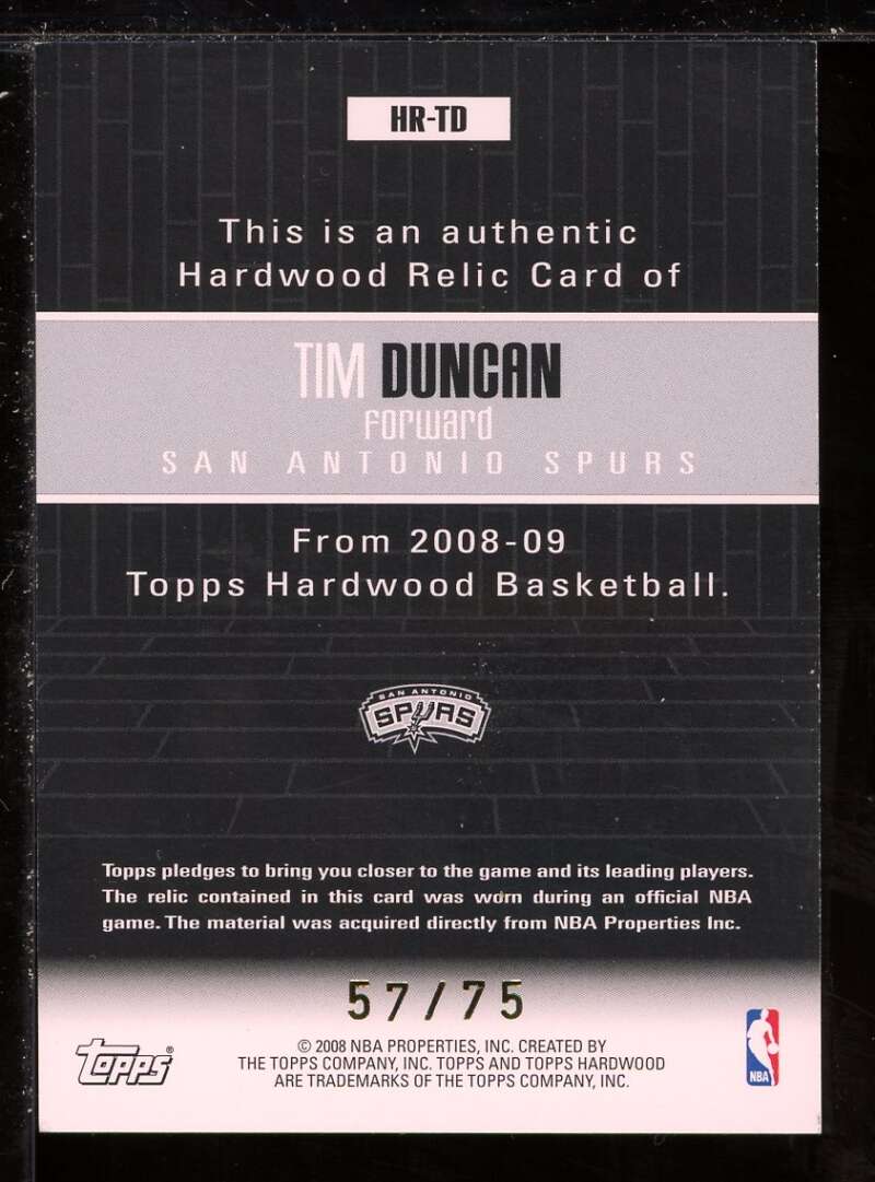 Tim Duncan Card 2008-09 Topps Hardwood Relics Mahogany #HRTD Image 2