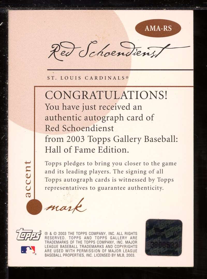 Red Schoendienst C Card 2003 Topps Gallery HOF Accent Mark Autographs #RS Image 2