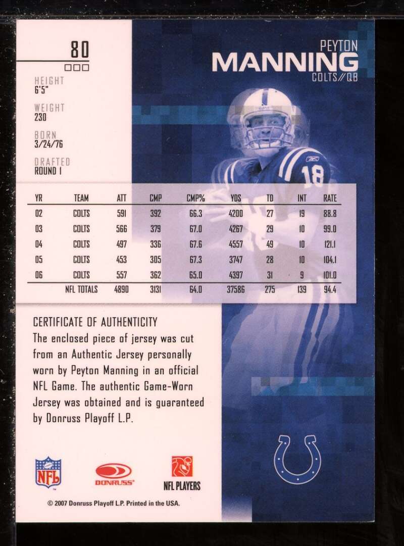 Peyton Manning Card 2007 Leaf Rookies and Stars Materials Gold Retail #80 Image 2