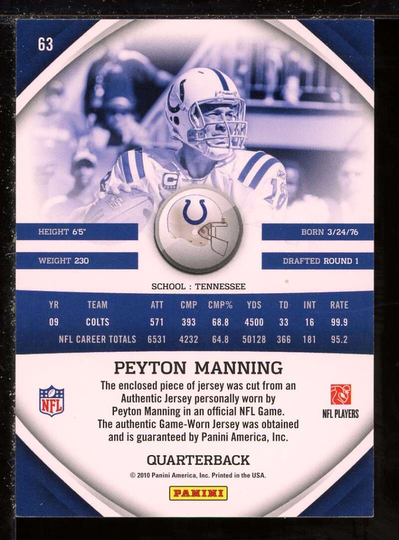 Peyton Manning Card 2010 Gridiron Gear Relic #63 Image 2