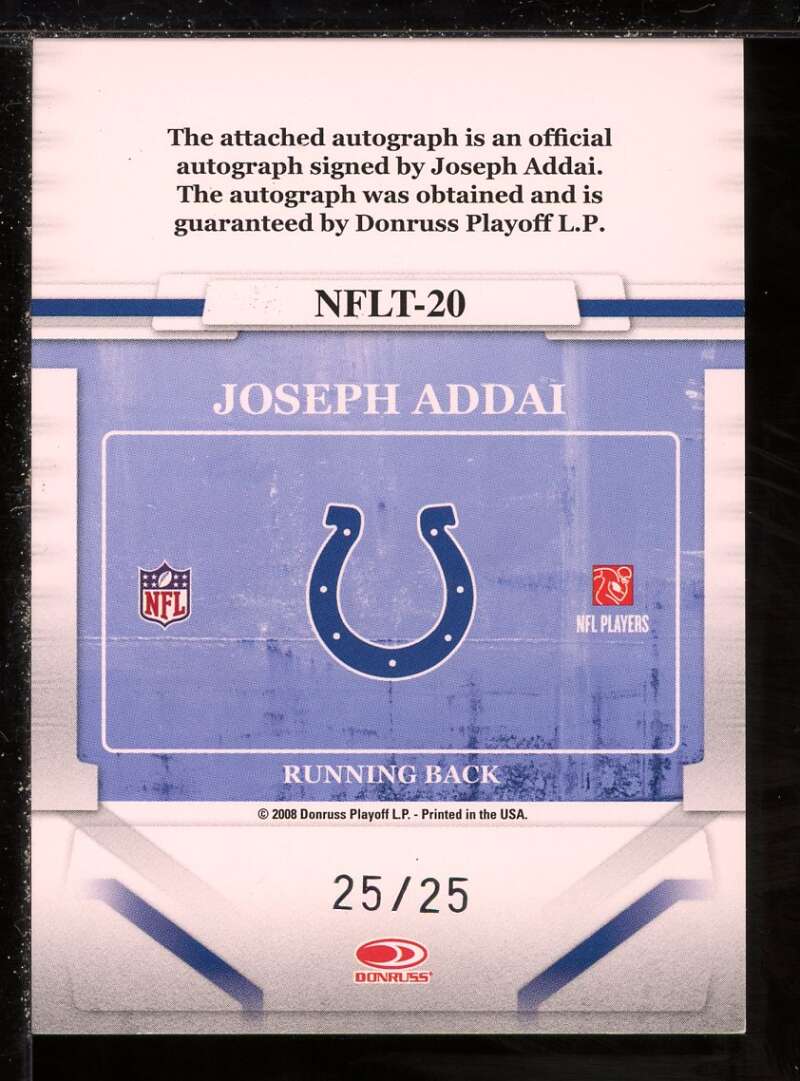 Joseph Addai Card 2008 Donruss Gridiron Gear NFL Teams Autograph NFLT-20 #39 Image 2