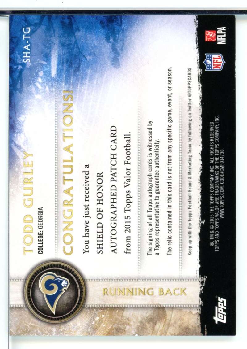 Todd Gurley Rookie 2015 Topps Valor Shield Honor Patch Auto Strength #SHATG Image 2