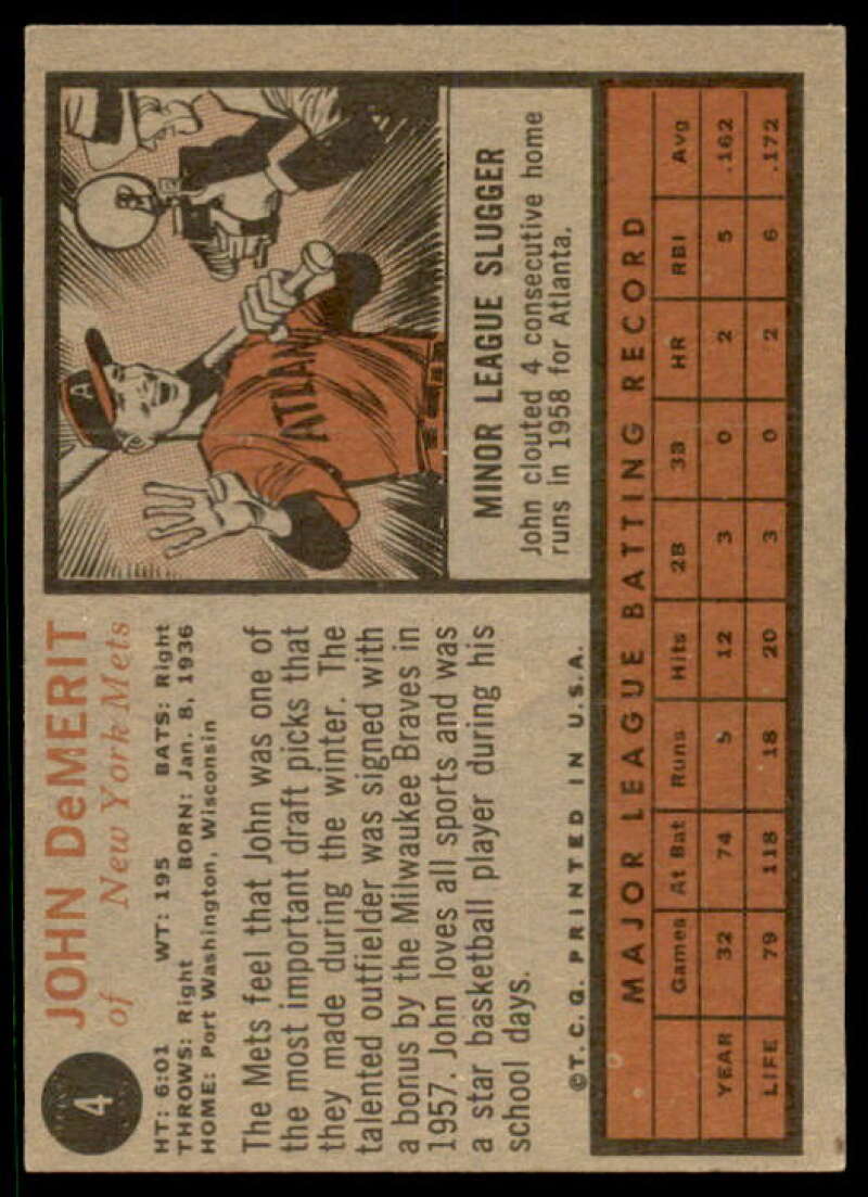 John DeMerit Card 1962 Topps #4 Image 2