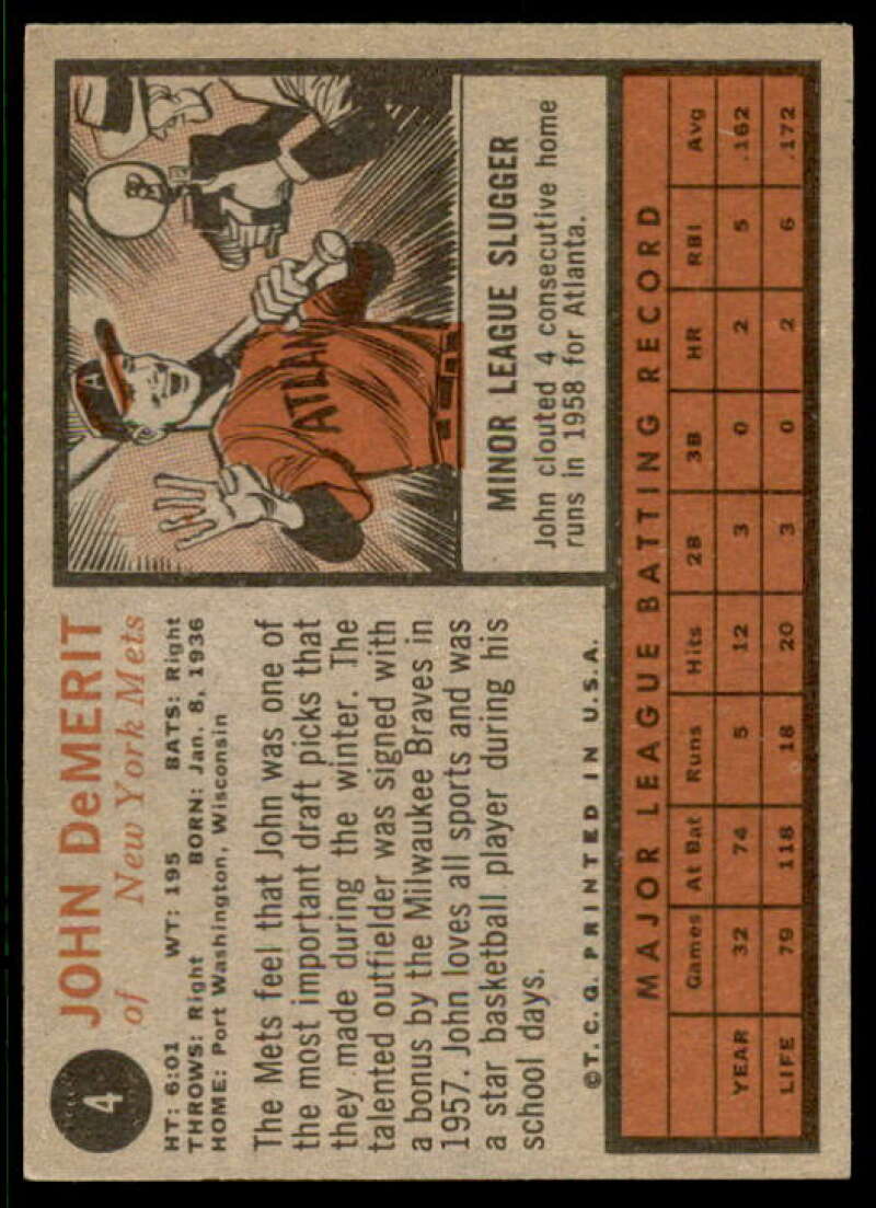 John DeMerit Card 1962 Topps #4 Image 2