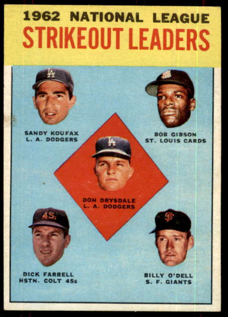 NL Strikeout Leaders/ Drysdale/Koufax/Gibson/O'Dell/Farrell Card 1963 Topps #9 Image 1