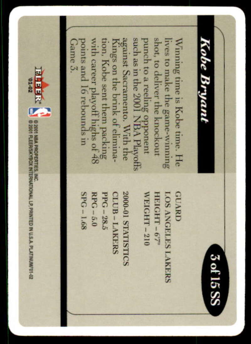 Kobe Bryant Card 2001-02 Fleer Platinum Stadium Standouts #3 Image 2