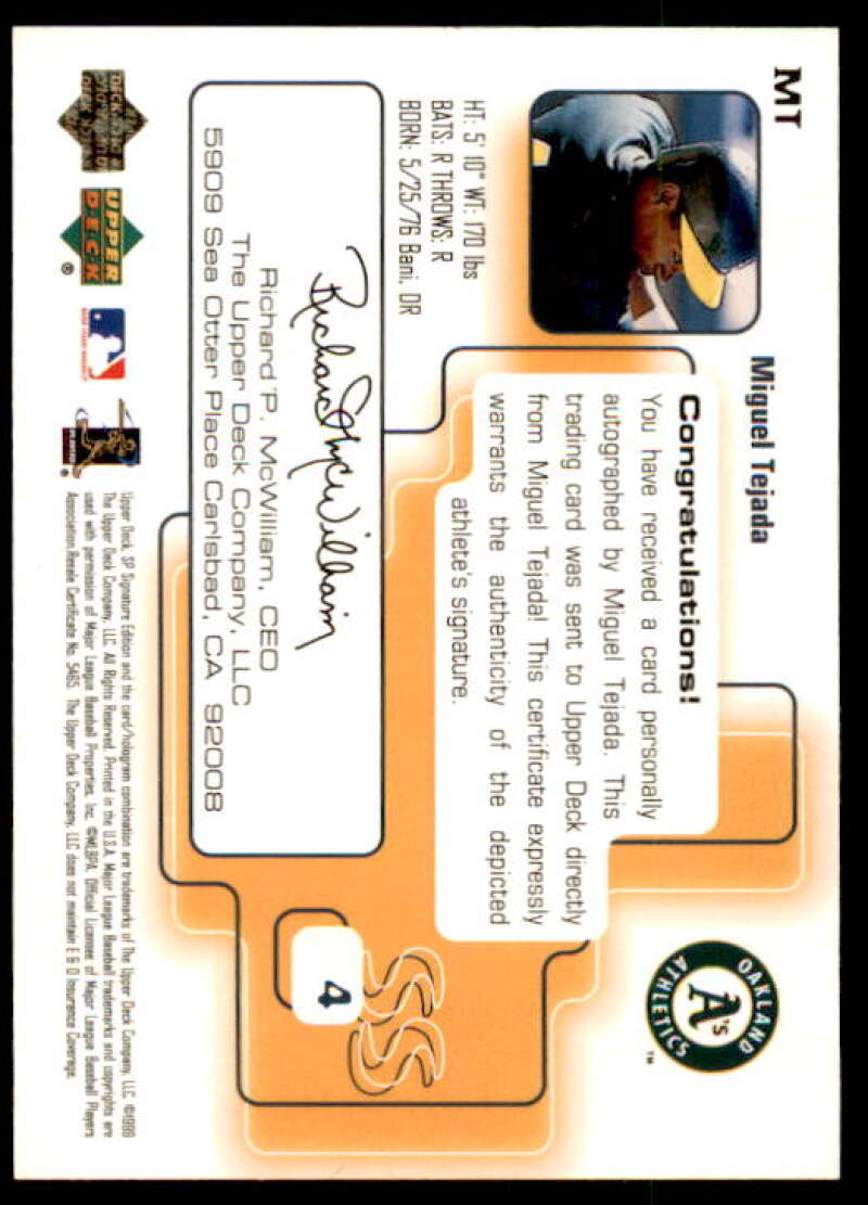 Miguel Tejada Card 1999 SP Signature Autographs #MT Image 2