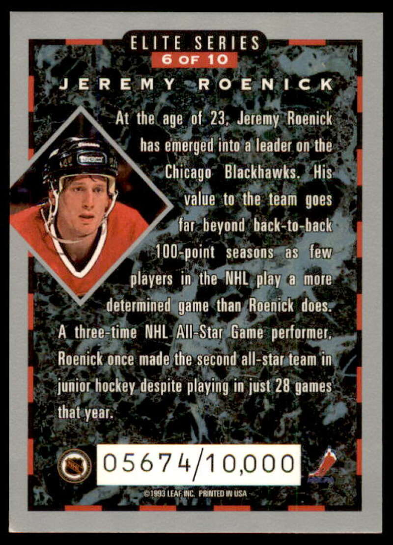 Jeremy Roenick Card 1993-94 Donruss Elite Inserts #6 Image 2