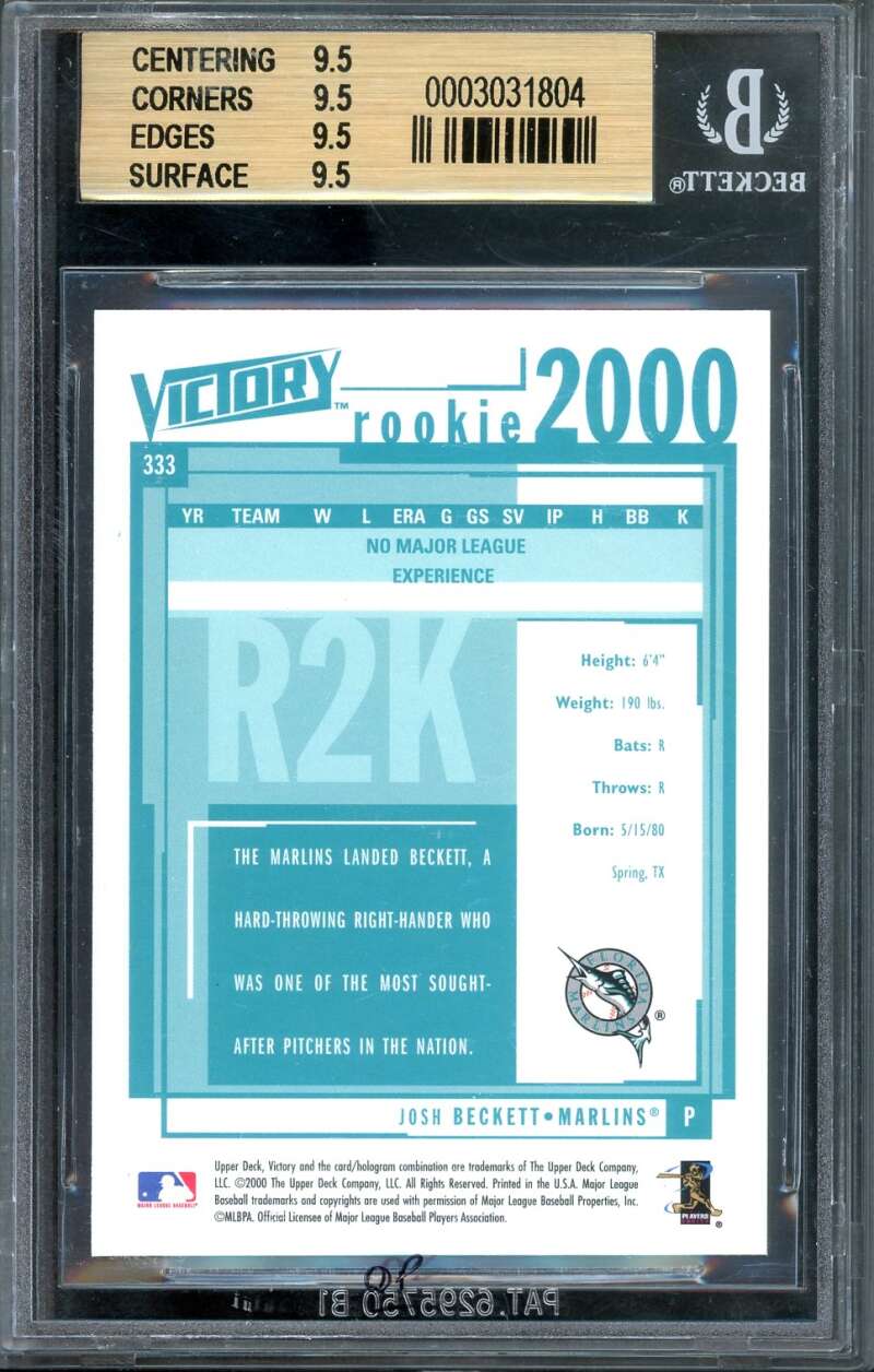 Josh Beckett Card 2000 Upper Deck Victory #333 BGS 9.5 (9.5 9.5 9.5 9.5) Image 2