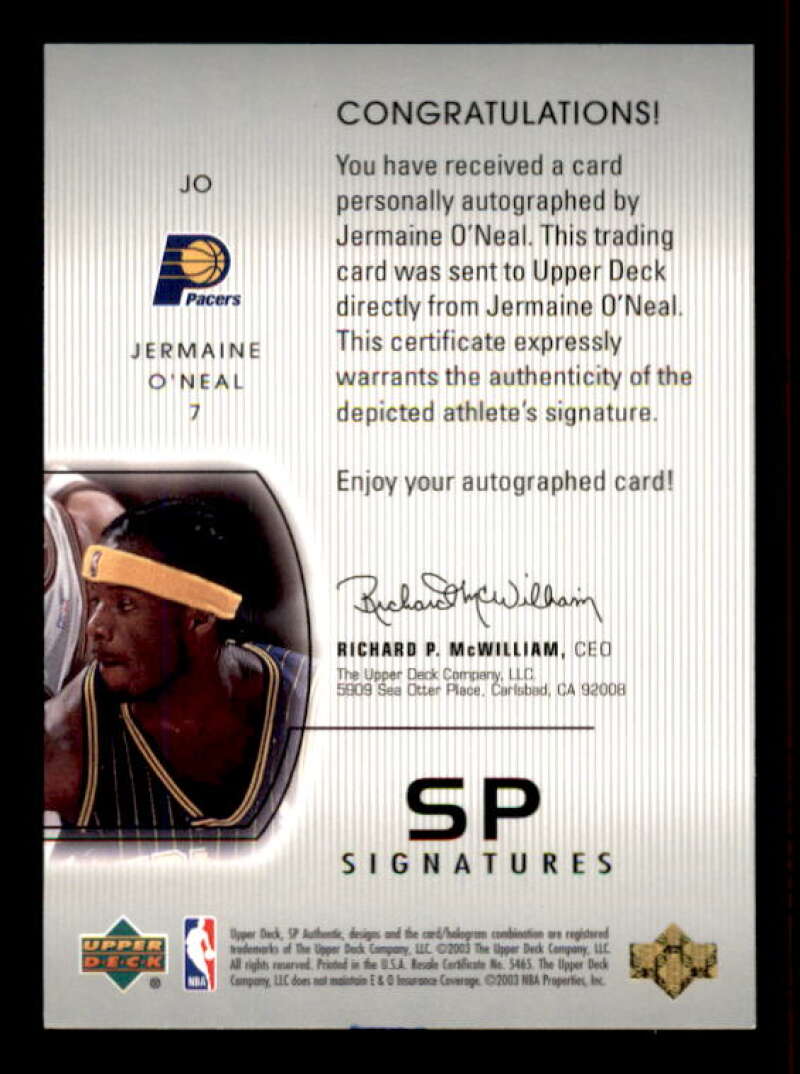 Jermaine O'Neal Card 2002-03 SP Authentic SP Signatures #JO Image 2