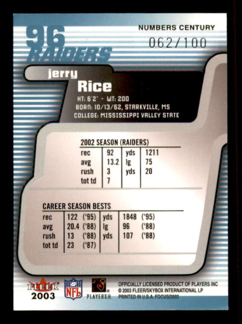 Jerry Rice Card 2003 Fleer Focus Numbers Century #96 Image 2