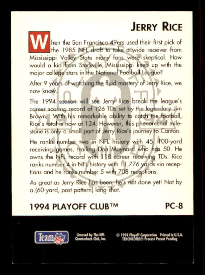 Jerry Rice Card 1994 Playoff Club #PC8 Image 2