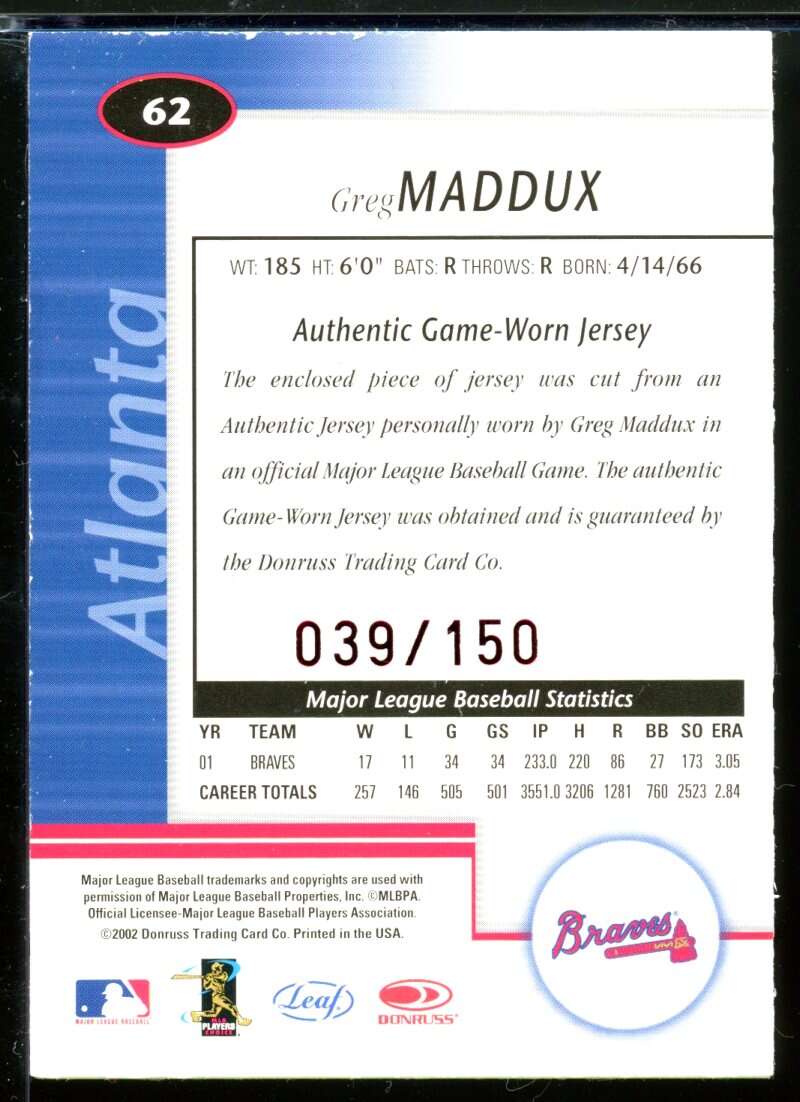 Greg Maddux Jsy Card 2002 Leaf Certified Mirror Red #62 Image 2