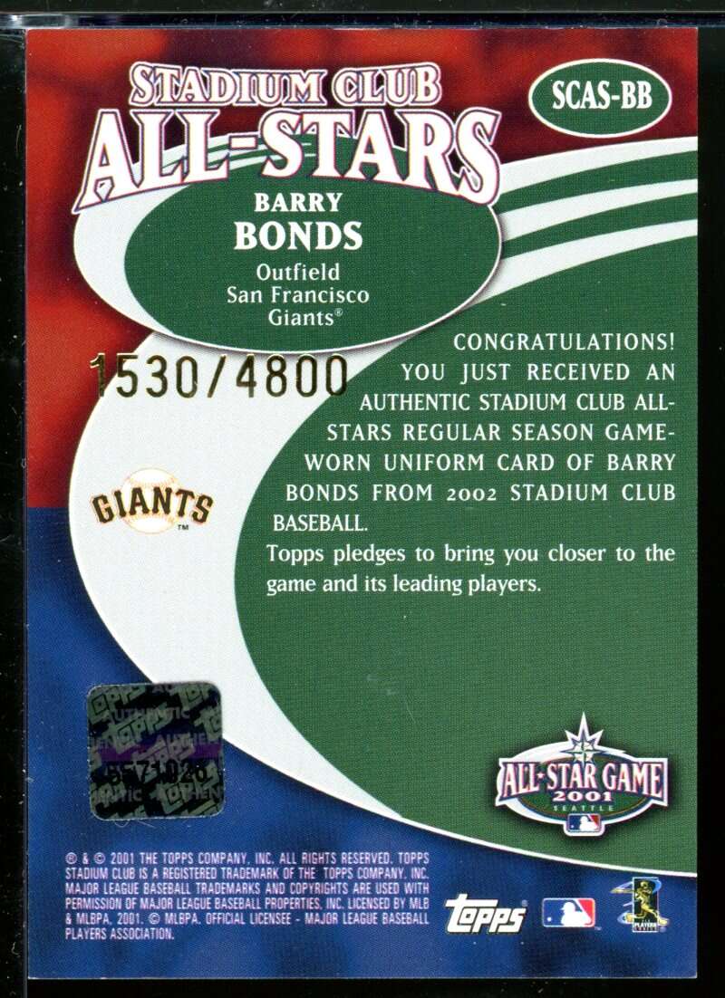 Barry Bonds Uni G6 Card 2002 Stadium Club All-Star Relics #SCASBB Image 2