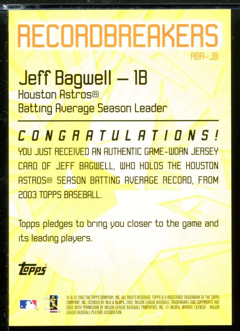 Jeff Bagwell Uni B1 Card 2003 Topps Record Breakers Relics #JB Image 2