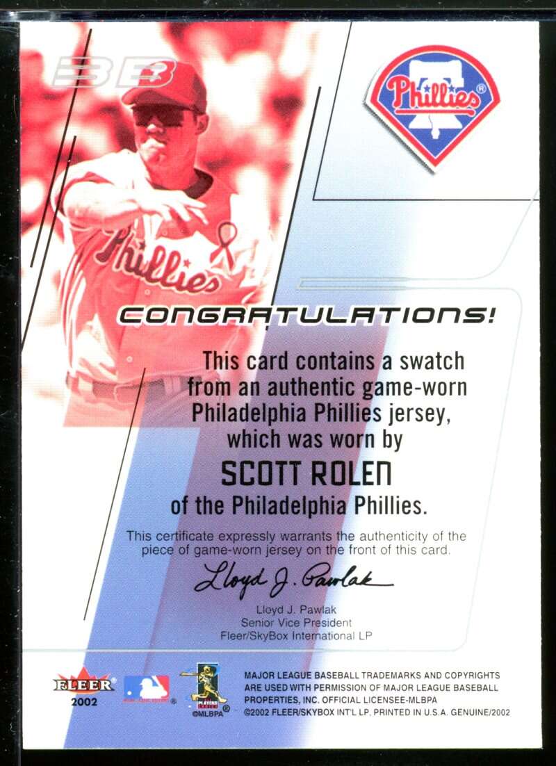 Scott Rolen Card 2002 Fleer Genuine Names of the Game Memorabilia #17 Image 2