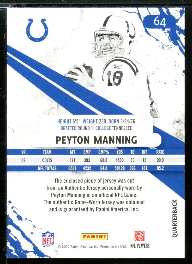 Peyton Manning Card 2010 Rookies and Stars Longevity Materials #64 Image 2