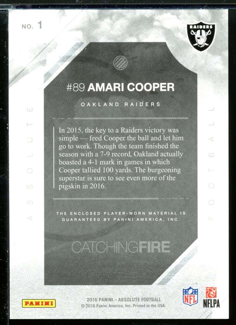 Amari Cooper Card 2016 Absolute Catching Fire Jerseys #1 /199 Image 2