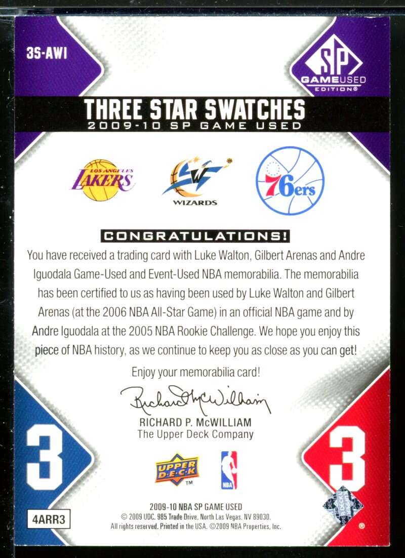 Luke Walton/Iguodala/Arenas Card 2009-10 SP Game Used 3 Star Swatches 35 #3SAWI Image 2