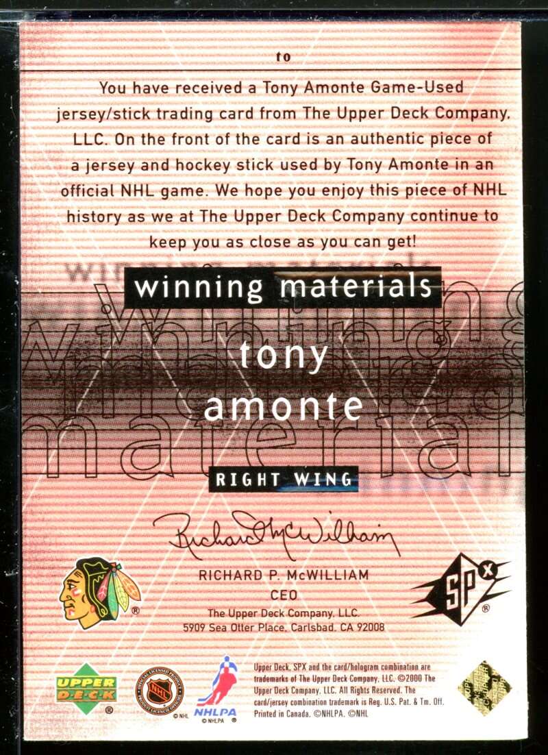 Tony Amonte Card 2000-01 SPx Winning Materials #TO Image 2