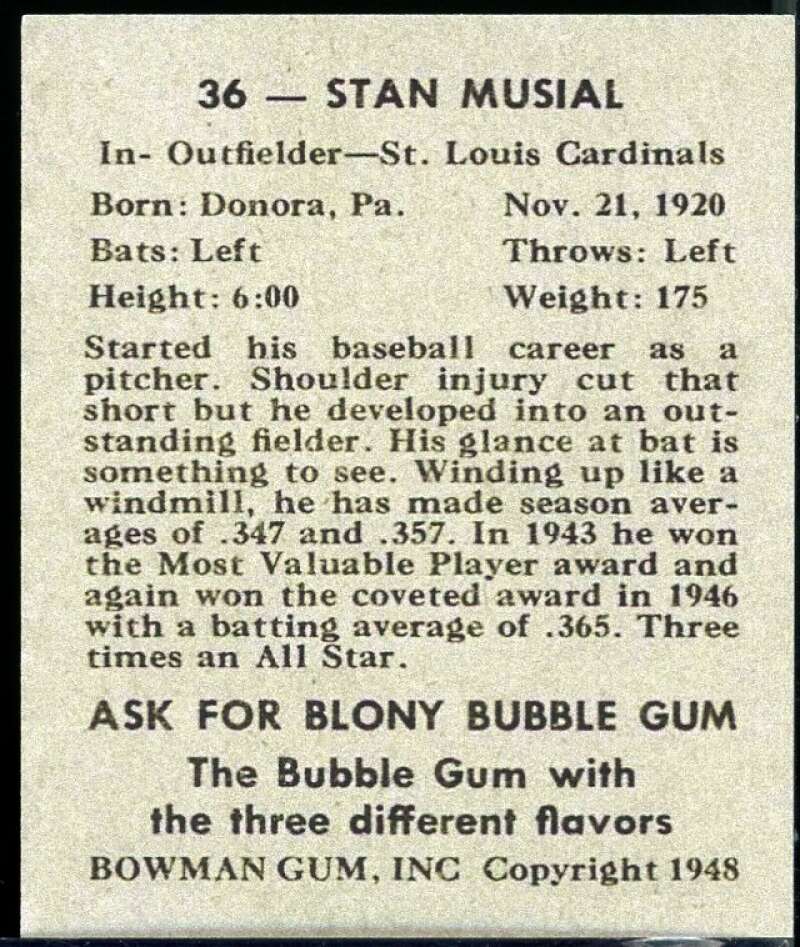 Stan Musial Rookie REPRINT Card 1948 Bowman #36 Image 2
