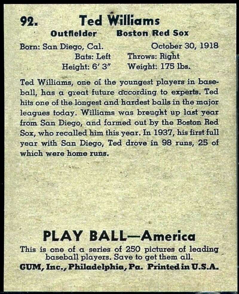 Ted Williams Rookie REPRINT Card 1939 Play Ball #92 Image 2