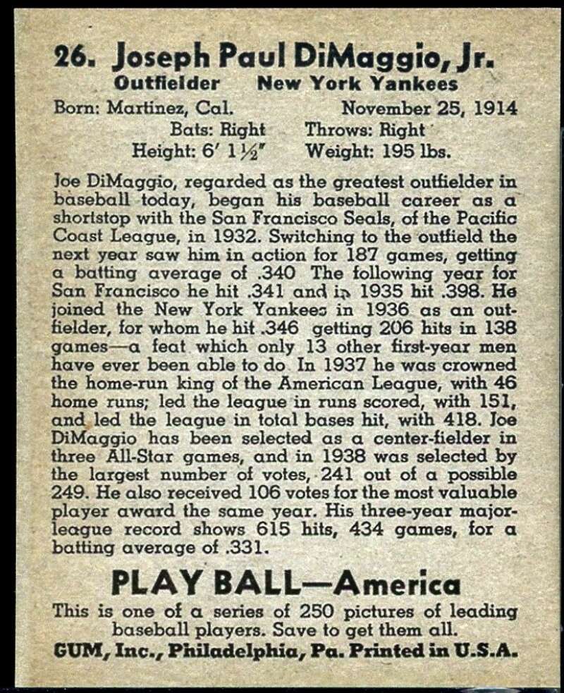 Joe DiMaggio Rookie REPRINT Card 1939 Play Ball #26 Image 2
