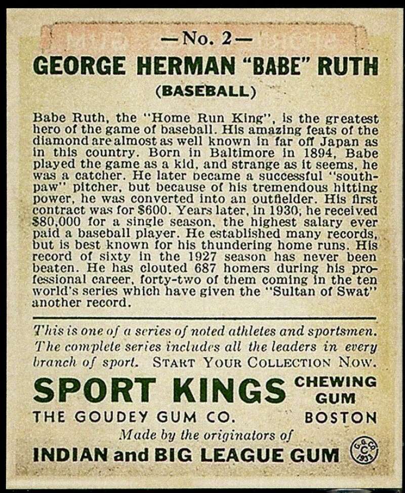 Babe Ruth Rookie REPRINT Card 1933 Sport Kings #2 Image 2