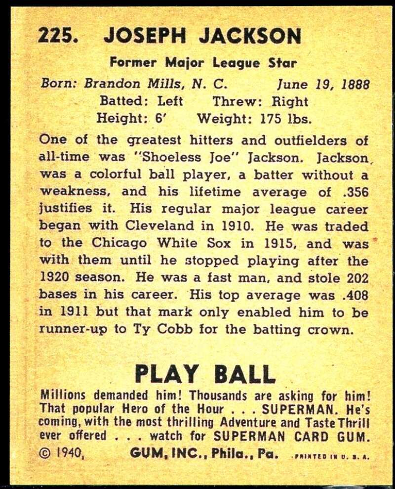 Joe Jackson REPRINT Card 1940 Play Ball #225 Image 2