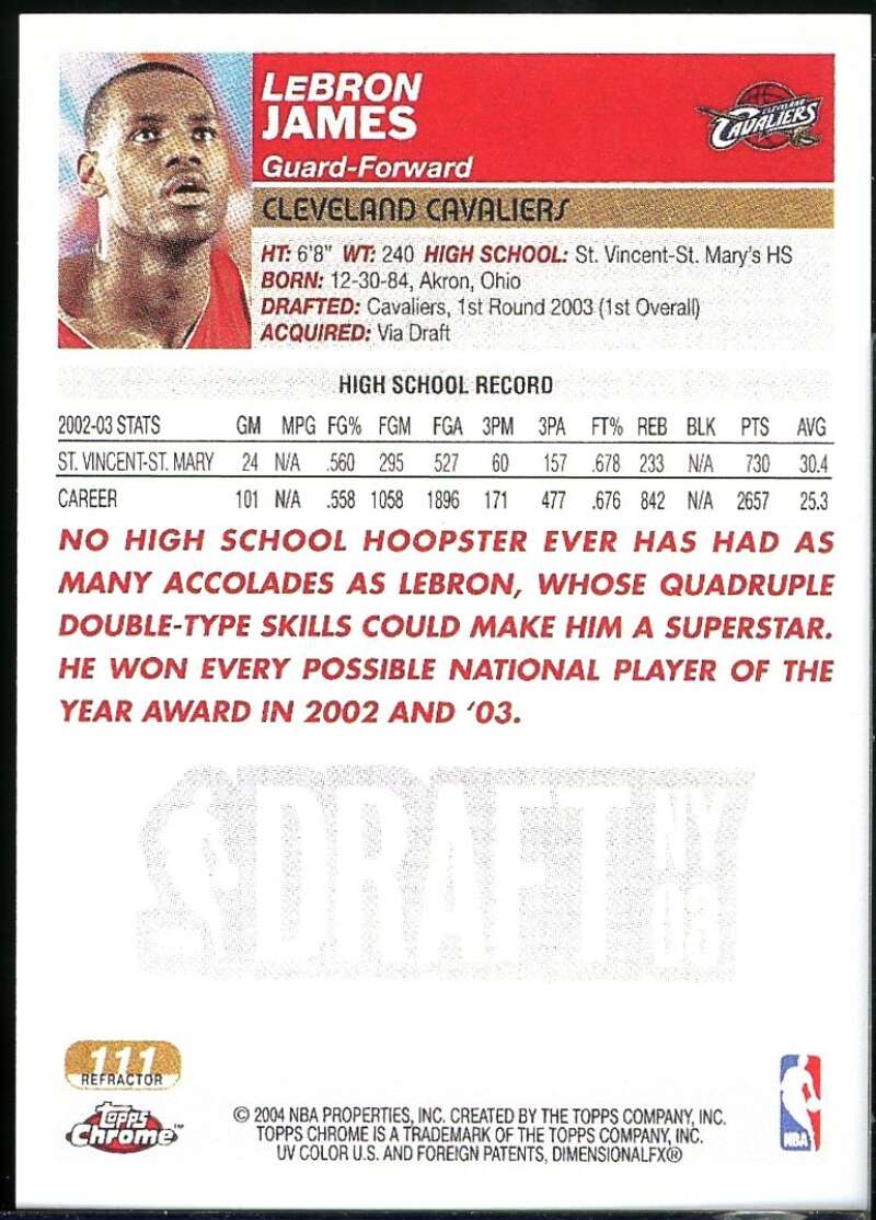 LeBron James Rookie REPRINT Card 2003-04 Topps Chrome Refractors #111 Image 2