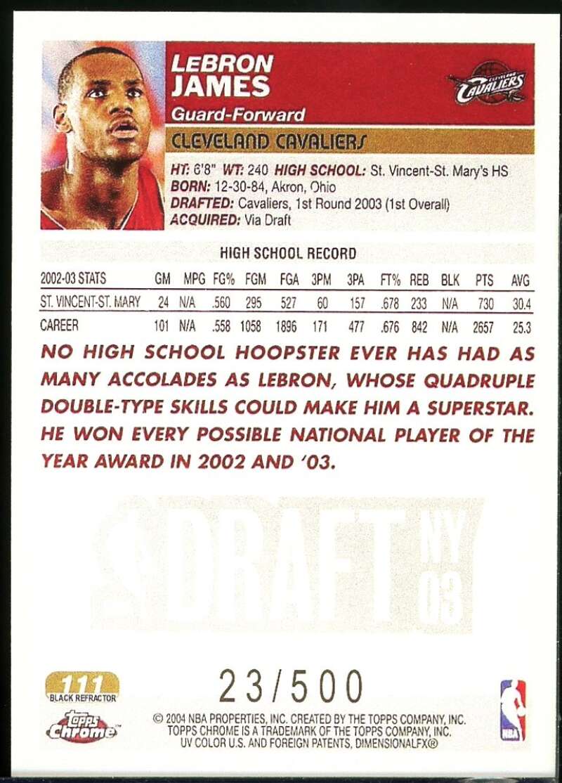 LeBron James Rookie REPRINT Card 2003-04 Topps Chrome Refractors Black #111 Image 2