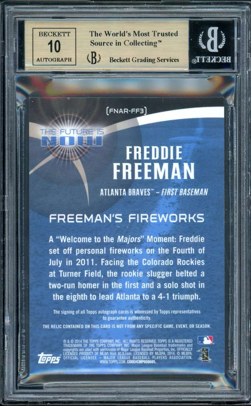 Freddie Freeman Card 2014 Topps The Future is Now Auto Relics #FNARFF3 BGS 9.5 Image 2