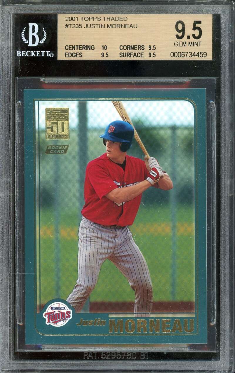 Justin Morneau Rookie Card 2001 Topps Traded #7235 BGS 9.5 (10 9.5 9.5 9.5) Image 1