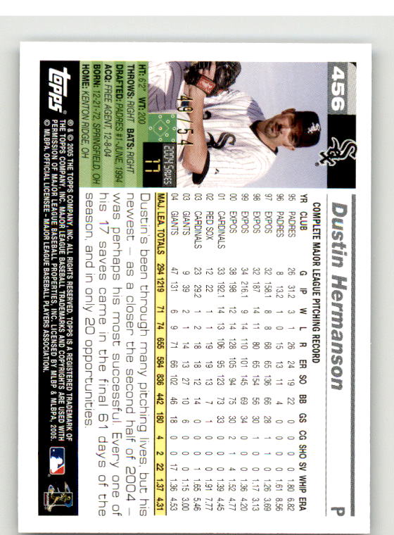 Dustin Hermanson Card 2005 Topps Black #456 Image 2