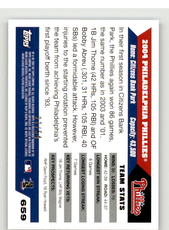 Philadelphia Phillies TC Card 2005 Topps Black #659 Image 2