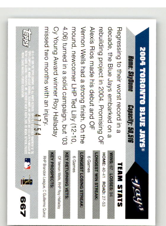 Toronto Blue Jays TC Card 2005 Topps Black #667 Image 2