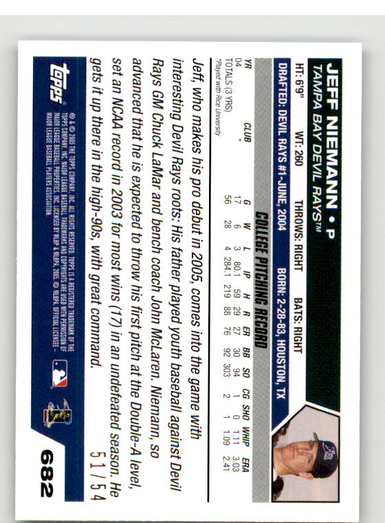 Jeff Niemann FY Rookie Card 2005 Topps Black #682 Image 2