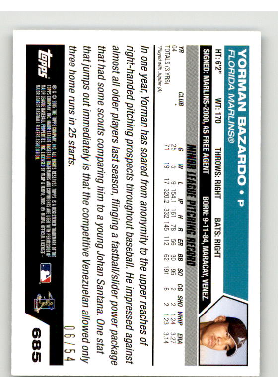 Yorman Bazardo FY Rookie Card 2005 Topps Black #685 Image 2