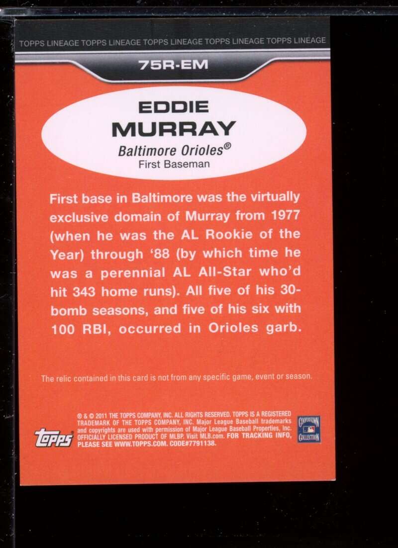 Eddie Murray Card 2011 Topps Lineage '75 Mini Relics #EM Image 2