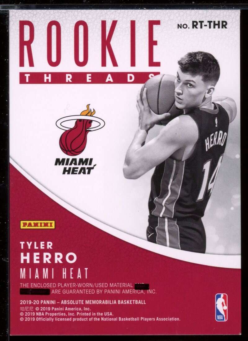 Tyler Herro Rookie Card 2019-20 Absolute Memorabilia Rookie Threads Level 1 #14 Image 2