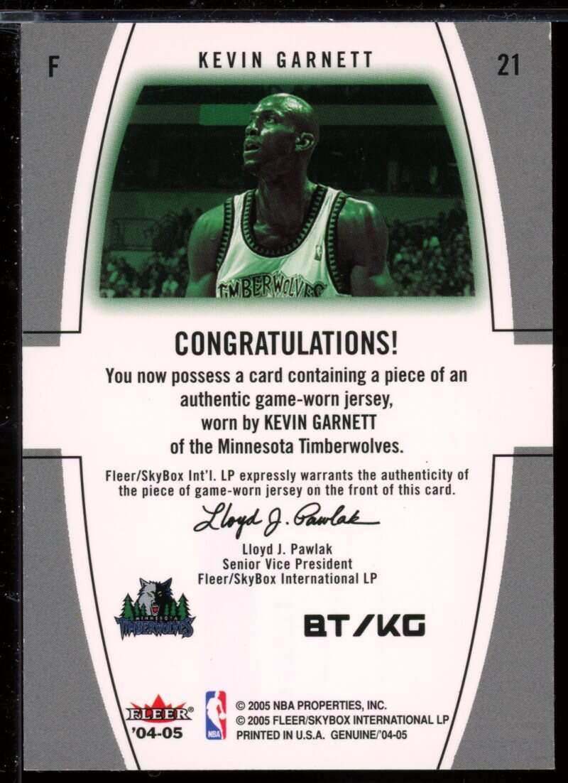 Kevin Garnett Card 2004-05 Fleer Genuine Big Time Game Used #KG Image 2