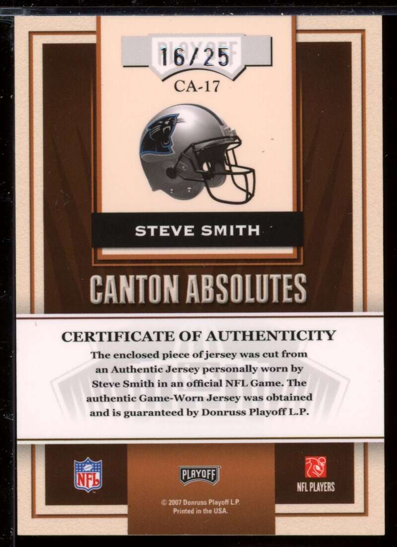 Steve Smith Card 2007 Absolute Memorabilia Canton Absolutes Materials Prime #17 Image 2