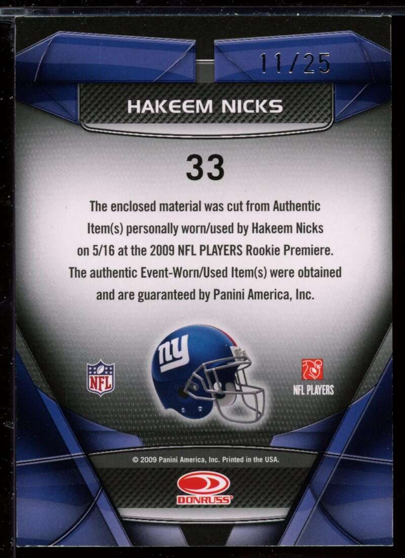 Hakeem Nicks Rookie 2009 Donruss Gridiron Gear Performer Jersey Swatch Prime #33 Image 2