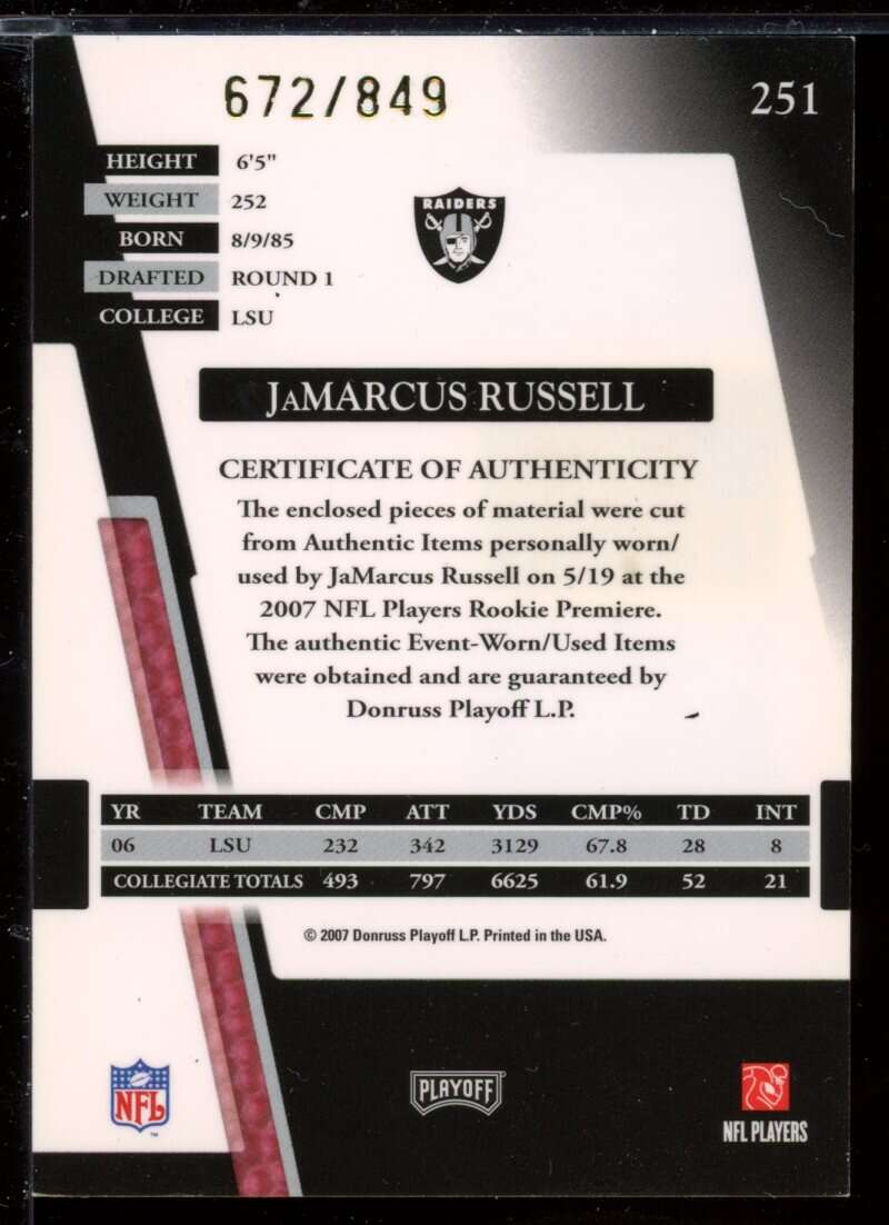 JaMarcus Russell RPM Rookie Card 2007 Absolute Memorabilia #251 Image 2
