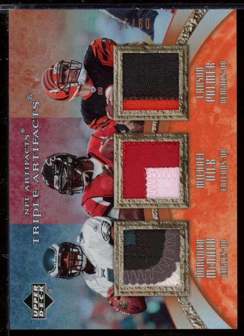 McNabb/Michael Vick/Palmer Card 2007 Artifacts NFL Artifacts Triple Patch #MVP Image 1