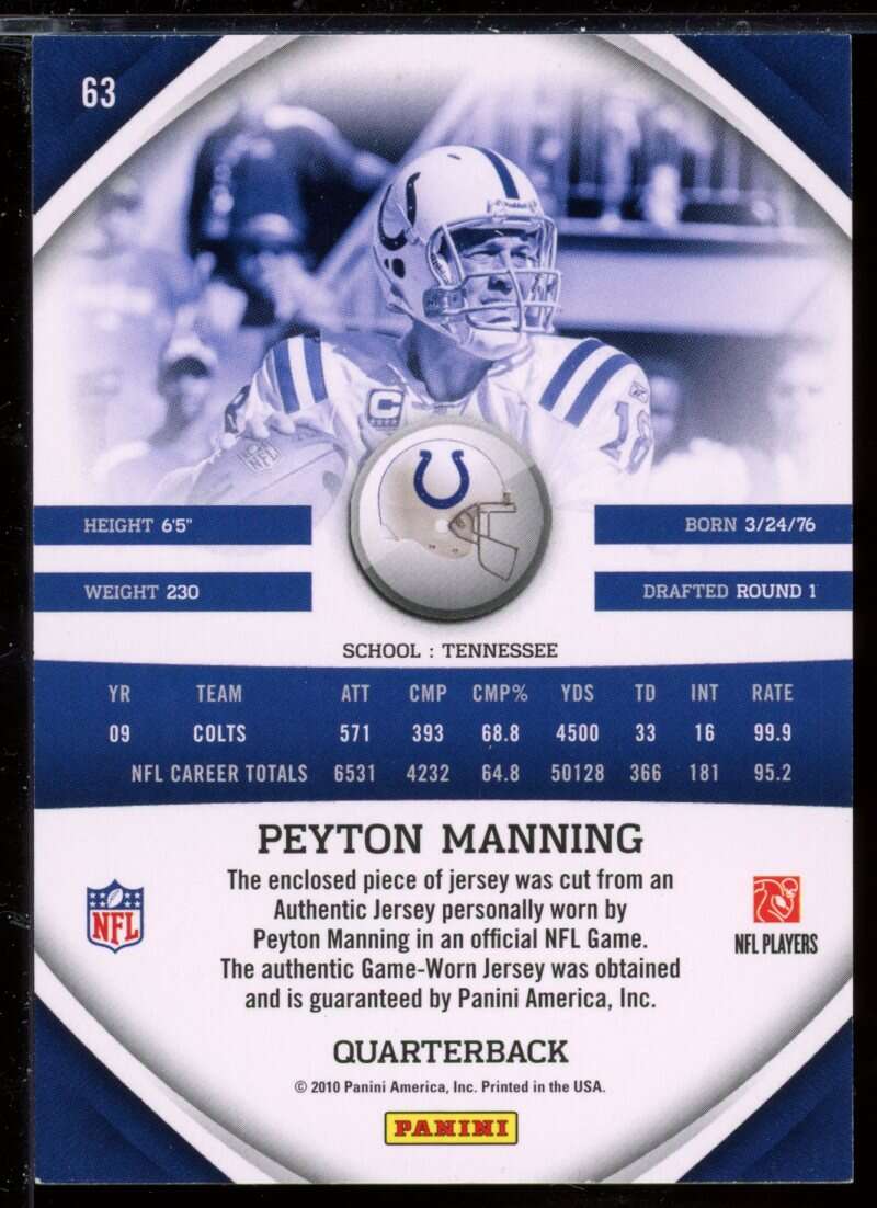 Peyton Manning Card 2010 Panini Gridiron Gear Jerseys Prime #63 Image 2