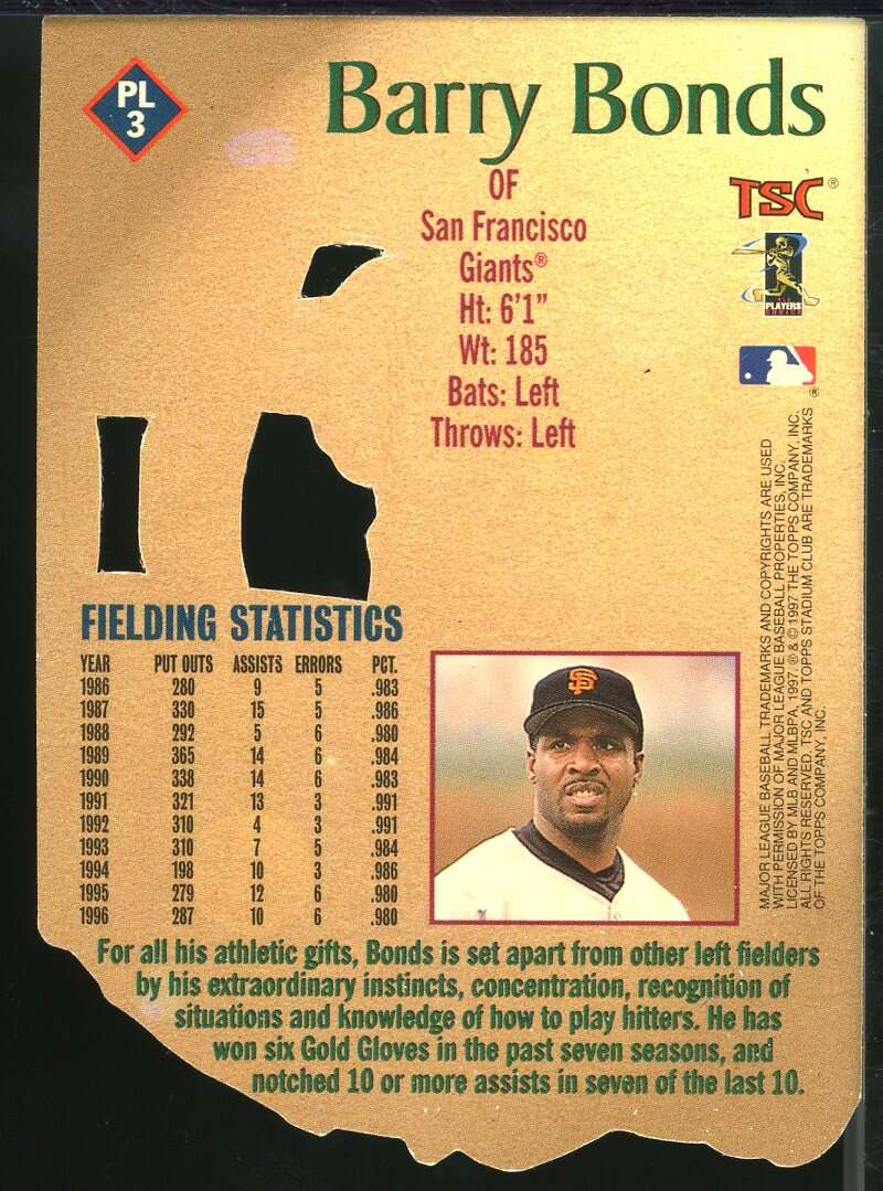 Barry Bonds Card 1997 Stadium Club Patent Leather #PL3 Image 2